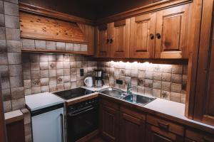 埃尔比格纳尔普Alpenherz Chalet的一个带木制橱柜和水槽的小厨房
