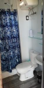 何塞伊格纳西奥圣莫尼卡公寓的一间带卫生间和淋浴帘的浴室