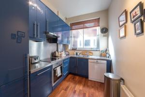 伦敦Homely 2 Bedroom Victorian Apartment in Hampstead的厨房配有蓝色橱柜和水槽