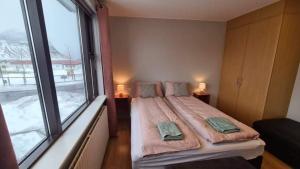 格仑达积图Kirkjufell central apartment的一间卧室设有一张床和一个大窗户