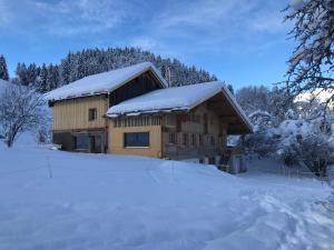 代堡Au Pré des Chevaux的屋顶上积雪的木屋