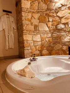 圣克里斯托瓦尔-德拉斯卡萨斯Hotel Villa Murano的带浴缸的浴室和石墙