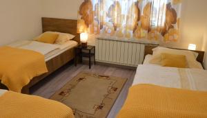 采尔克尼察Apartma Vila Zigmund的一间带两张床的卧室和地毯