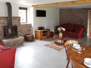 BactonBushmills的客厅配有燃木炉灶和沙发。