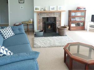 牛顿莫尔Fronthill的客厅设有蓝色的沙发和壁炉