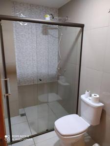 埃斯特城Apart 2 habitaciones vista a Itaipú - 32的一间带卫生间和玻璃淋浴间的浴室