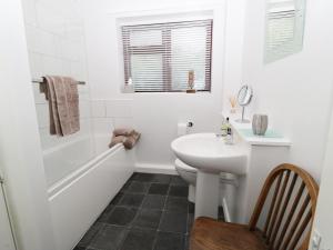 Buckland St MaryFlintstones的浴室配有盥洗盆、卫生间和浴缸。