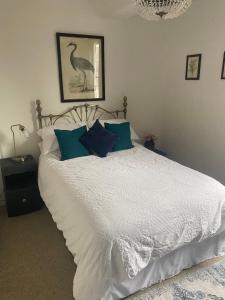 布由德利Mingo Cottage的一间卧室配有白色床和蓝色枕头