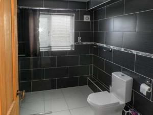 MelbourneLillieput Lodge的黑色瓷砖浴室设有卫生间和窗户。