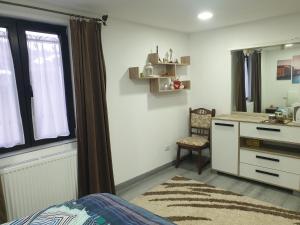 博尔沙Dumi's House的一间卧室配有一张床、一张桌子和一个水槽
