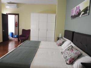 阿利坎特Habitaciones Amelia的一间卧室配有一张大床和一张红色椅子