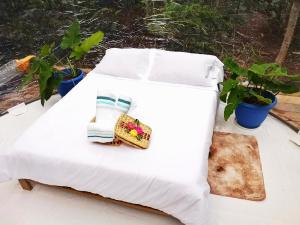 莱蒂西亚Glamping Amazonas的白色的床,上面有带植物的餐巾