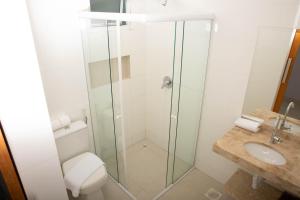 帕尔马斯Hotel Araguaia的带淋浴、卫生间和盥洗盆的浴室