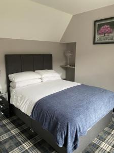 威廉堡堪波菲尔德酒店的一间卧室配有一张带蓝色毯子的大床