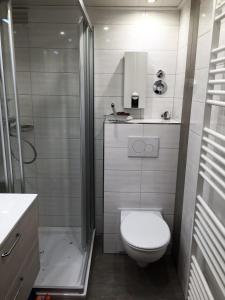 比苏姆Strandresidenz-Rosengarten-Wohnung-Nr-108的白色的浴室设有卫生间和淋浴。