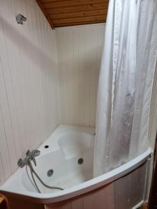丰特-德彼德拉Camping Fuente de Piedra的白色浴缸设有淋浴帘