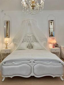 蒂米什瓦拉FSF Boutique Apartament的一间卧室配有一张带天蓬的白色床