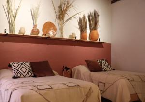 拉戈斯德莫雷诺CASA DAMIANA的墙上植物间内的两张床