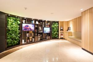 首尔明洞九树酒店的大型客房,配有电视和植物