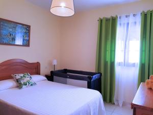 塞博河畔卡莱塔Aloe Vera Beach, Dúplex 1ª Línea de Mar的一间卧室设有两张床,窗户设有绿色窗帘