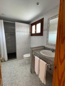 卡拉纳雅达Hostal CAN GALLU的一间带水槽、卫生间和镜子的浴室