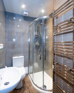珀斯阳光水岸大厦地铁酒店的带淋浴、卫生间和盥洗盆的浴室