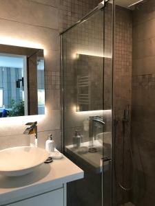 Sint-Genesius-RodeAu Calme的一间带玻璃淋浴和水槽的浴室