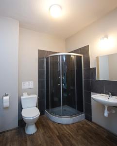 弗罗茨瓦夫考奈尔旅馆的带淋浴、卫生间和盥洗盆的浴室