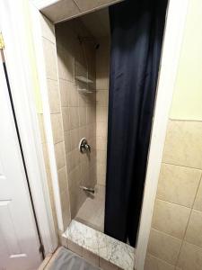 多伦多Adas Guesthouse的浴室内配有蓝色淋浴帘