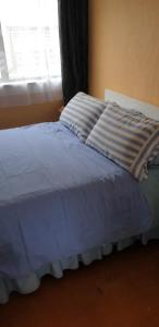 UrenuiUrenui Beach Bach的一张带蓝色棉被的床和窗户