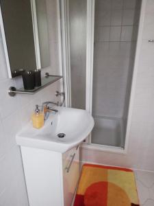 吕本Ferienwohnung Tensfeldt的白色的浴室设有水槽和淋浴。