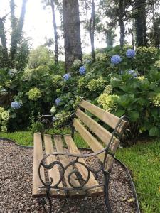 圣弗朗西斯科-迪保拉Piavi Residencial的花园里的木凳,花朵蓝色