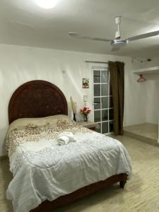 科苏梅尔Casa Liz的一间卧室配有一张大床和木制床头板