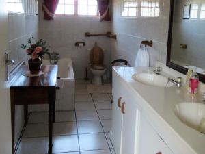 UniondaleMountain Pastures Game Lodge的一间带两个盥洗盆、浴缸和卫生间的浴室