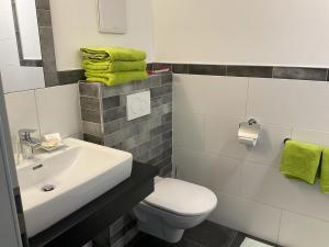KernhofGöllerblick的浴室配有水槽、卫生间和绿毛巾。