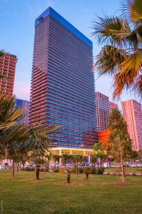 巴统Orbi Beach Tower Hotel Official的一座高大的建筑,在公园里种有棕榈树