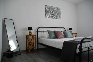 巴什卡沃达Apartman “Tica”的卧室配有一张床,墙上设有镜子