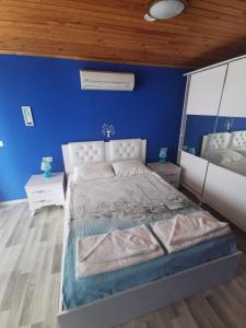 Sogut蓝色水族馆公寓的一间拥有蓝色墙壁和一张大床的卧室
