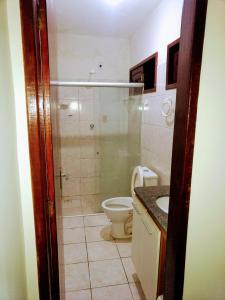 尼西亚弗洛雷斯塔DUPLEX BEIRA MAR TABATINGA的一间带卫生间和玻璃淋浴间的浴室