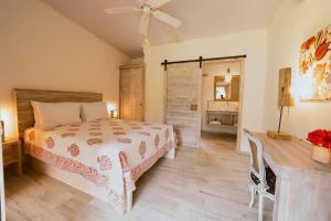 别霍港Sonora Jungle & Yoga Retreat的一间卧室配有一张床、一张桌子和一面镜子