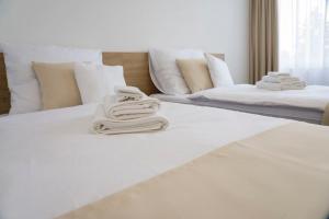 特雷比绍夫Wellness hotel Mestská plaváreň的两张白色的床,上面有毛巾