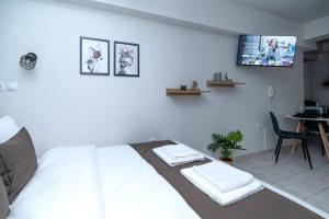 拉里萨Larissa city center appartment ολοκαίνουργιο κομψό的卧室配有白色的床,墙上配有电视