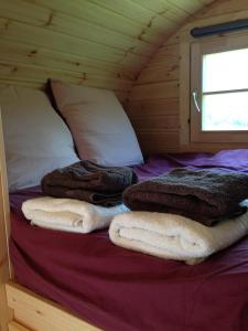 Saint-Léger-sur-DheuneLe Tonneau Bourguignon的小木屋内的一张床位,配有毛巾