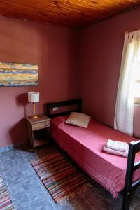 塔菲德尔瓦勒Los Abuelos Departamentos的一间卧室配有一张床和一张带台灯的桌子