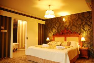 亚斯琴别-兹德鲁伊玻璃尼亚宫酒店的一间卧室,卧室内配有一张大床