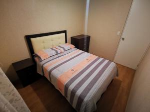 塔克纳Departamento amoblado en condominio - 5to piso的小卧室配有带条纹毯子的床