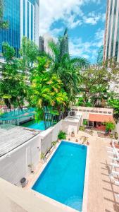 巴拿马城Bodhi Panama City的一座棕榈树和建筑的大型游泳池