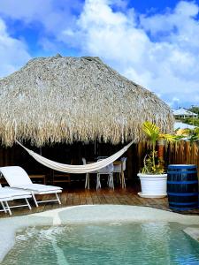 圣吕斯Villa Amaryllis luxueuse,piscine,vue mer,plage的一个带草伞和椅子的庭院和一个游泳池