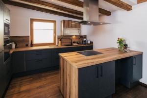 瑟弗浩斯Serfaus Alpensuites的厨房配有蓝色橱柜和木制台面