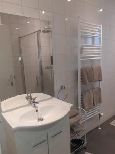 阿尔斯多夫Alsdorf 3的白色的浴室设有水槽和淋浴。